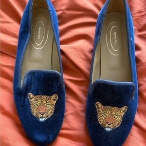 Navy Blue Velvet Loafers with Leopard Embroidery
